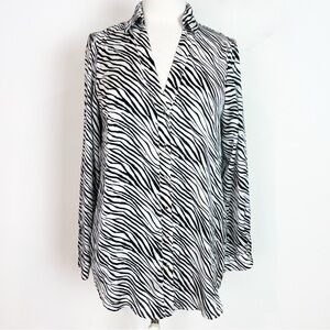 ZARA BLACK WHITE SILKY ZEBRA STRIPE BLOUSE SILVER BUTTONS WOMENS SZ SMALL